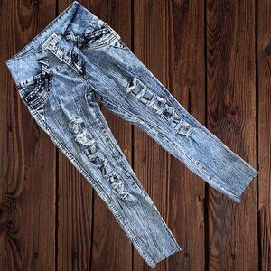 SILVER DIVA Distressed Stretch Denim Jeans Bling Rhinestone Braid Juniors 5